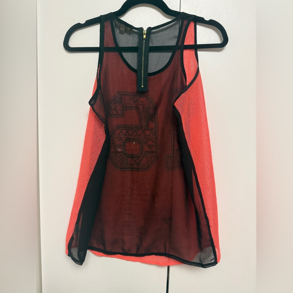 Cotton Candy Coral Sheer Tank with Black Trim & Tribal '16' Graphic - Picture 3 of 3